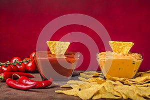 Tortilla chips with two dips