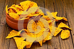 Tortilla chips on wooden table