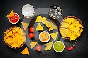 Tortilla Nacho Chips with Drinks and Dip