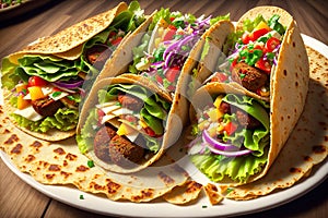 Tortilla wrap with falafel and fresh salad vegan tacos vegetarian healthy food by AI Generated