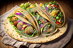 Tortilla wrap with falafel and fresh salad vegan tacos vegetarian healthy food by AI Generated