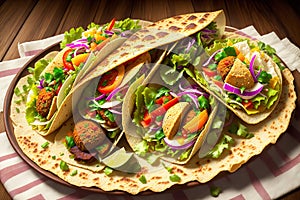 Tortilla wrap with falafel and fresh salad vegan tacos vegetarian healthy food by AI Generated