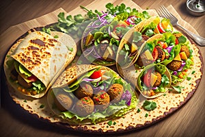 Tortilla wrap with falafel and fresh salad vegan tacos vegetarian healthy food by AI Generated