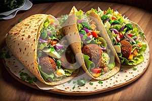 Tortilla wrap with falafel and fresh salad vegan tacos vegetarian healthy food by AI Generated