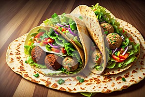 Tortilla wrap with falafel and fresh salad vegan tacos vegetarian healthy food by AI Generated