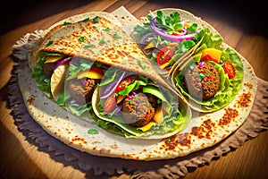 Tortilla wrap with falafel and fresh salad vegan tacos vegetarian healthy food by AI Generated