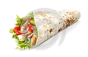 Tortilla wrap with fried chicken meat and vegetables
