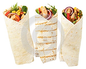 Tortilla wrap with fried chicken meat and vegetables isolated on white background