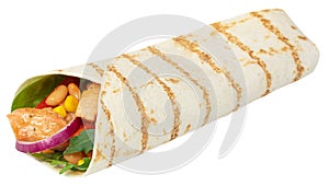 Tortilla wrap with fried chicken meat and vegetables isolated on white background