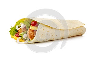 Tortilla wrap with fried chicken meat and vegetables isolated on white background