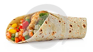 Tortilla wrap with fried chicken meat and vegetables isolated on white background