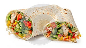 Tortilla wrap with fried chicken meat and vegetables isolated on white background