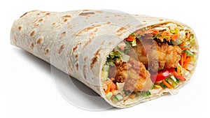 Tortilla wrap with fried chicken meat and vegetables isolated on white background