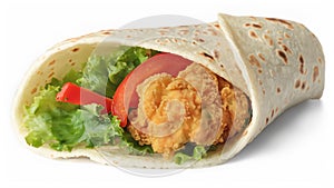 Tortilla wrap with fried chicken meat and vegetables isolated on white background