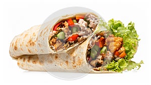 Tortilla wrap with fried chicken meat and vegetables isolated on white background