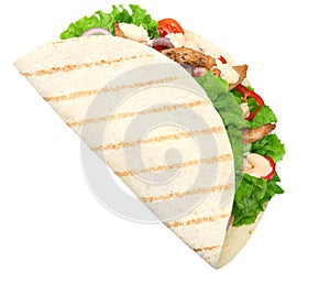 Tortilla wrap with fried chicken meat and vegetables isolated on white background. fast food