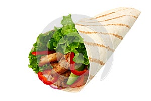 Tortilla wrap with fried chicken meat and vegetables isolated on white background. fast food