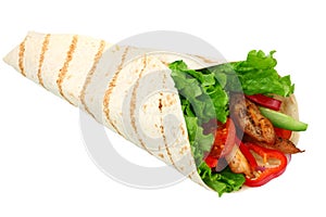 Tortilla wrap with fried chicken meat and vegetables isolated on white background. fast food