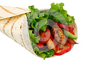 Tortilla wrap with fried chicken meat and vegetables isolated on white background. fast food