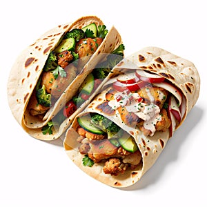 tortilla wrap with fried chicken meat and vegetables on a white background.