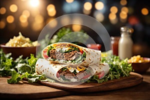 Tortilla wrap with meat salad and mayonnaise bokeh. ai generative