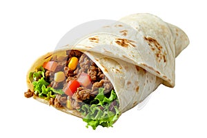 Tortilla wrap with meat and vegetables isolated on transparent background.