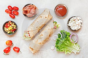 Tortilla wrap sandwiches with various fillings