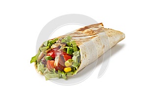 Tortilla wrap with vegetables and fried chicken meat on white