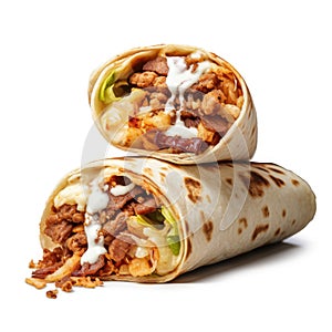 Tortilla wraps with meat, bacon, salad and mayonnaise