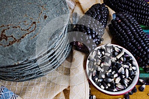 Tortillas azules, blue corn, mexican food traditional food in mexico photo