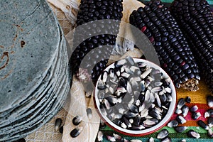 Tortillas azules, blue corn, mexican food traditional food in mexico photo