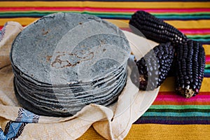 Tortillas azules, blue corn, mexican food traditional food in mexico photo