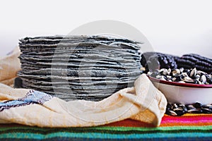 Tortillas azules, blue corn, mexican food traditional food in mexico in white background photo