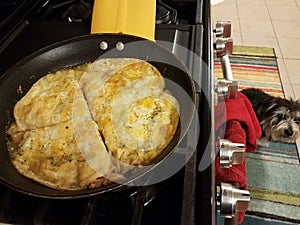 tortillas with cheese cooking in a frying pan on the stove with dog