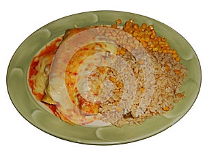 Tortillas with minced meat, cheddar and enciladas sauce, isolated