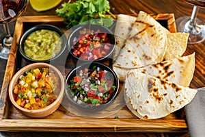 Tortillas and salsas on wooden tray with wine, traditional mexican food pic photo