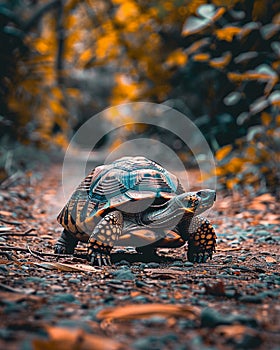 A tortoise crawls across a path, its slow pace a reminder of patience in a world that values swift actions
