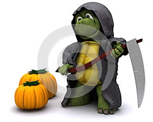 Tortoise dressed as the grim reaper for halloween