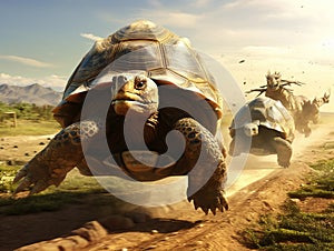 Tortoise and giant rabbit starting a race