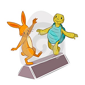 Tortoise and hare balancing on a beam, vector illustration