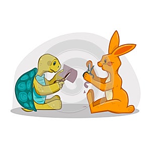 Tortoise and hare cutting paper with scissors, vector illustration