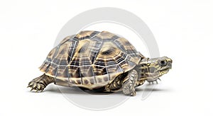 A tortoise with a patterned shell walking on a white surface in close up view