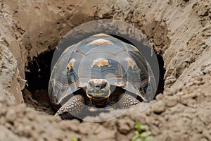 tortoise retreating into a sandy burrow