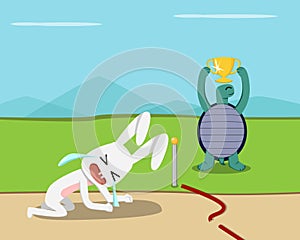 Tortoise win, Rabbit lose at finish line, vector photo