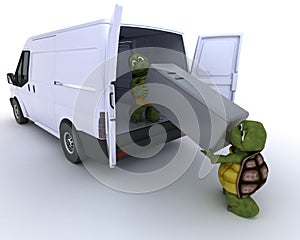 Tortoises loading a refridgerator into a van