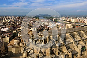 Tortosa, Catalonia, Spain skyline with Cathedral of Saint Mary and River Ebro