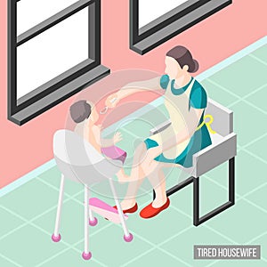 Tortured housewife isometric background with mother nursing her little child vector illustration