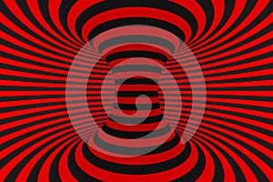 Torus 3D optical illusion raster illustration. Hypnotic black and red tube image. Contrast twisting loops, stripes ornament.