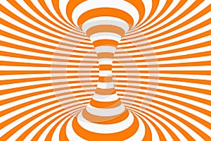 Torus 3D optical illusion raster illustration. Hypnotic white and orange tube image. Contrast twisting loops, stripes ornament.