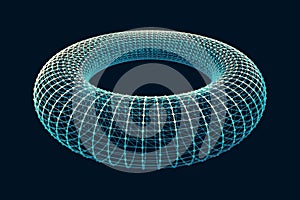 Torus. Connection Structure. Torus Shape Wireframe. Cyberspace Grid. Glowing mesh on a dark background.